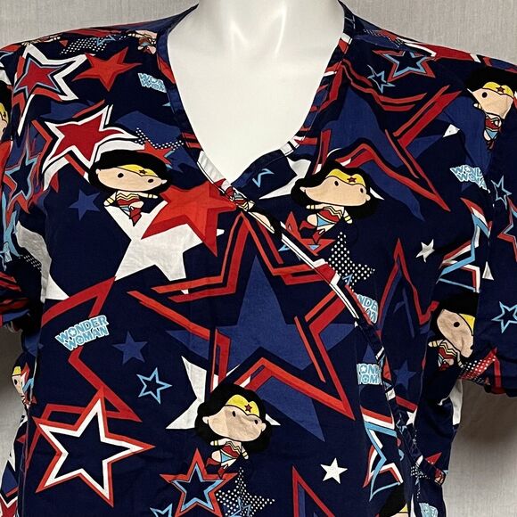DC Comics Tops - DC Comics Funko Pop Wonder Woman Mock Wrap Nurse Scrub Top Unisex Navy Red 3XL